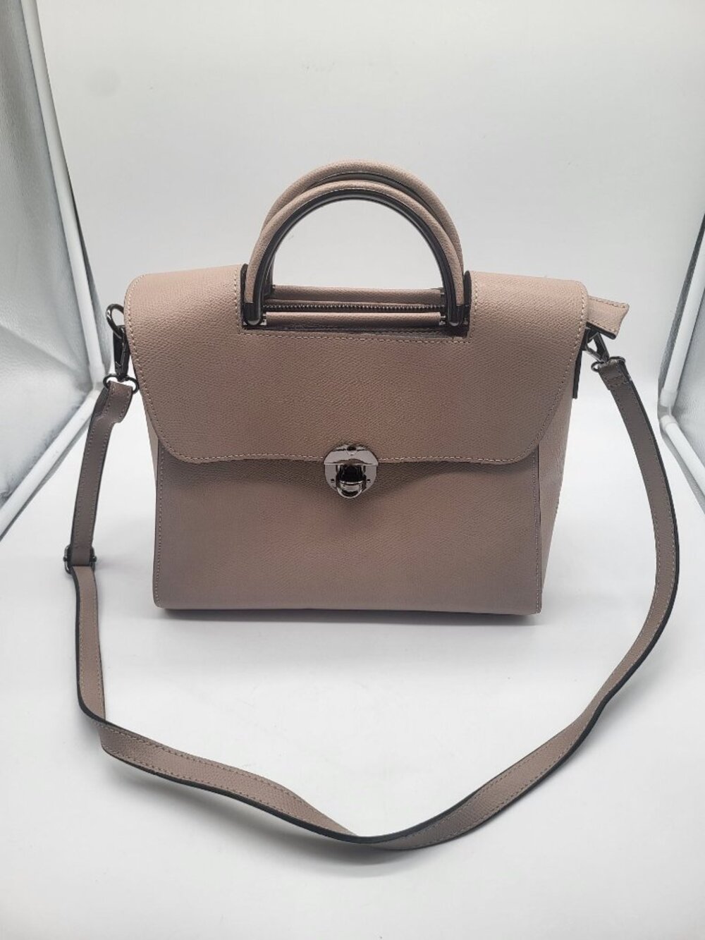 Piumelli Milano Italy Double Top Handle Leather Bag Neutral Silver Tone Hardware - Picture 1 of 12